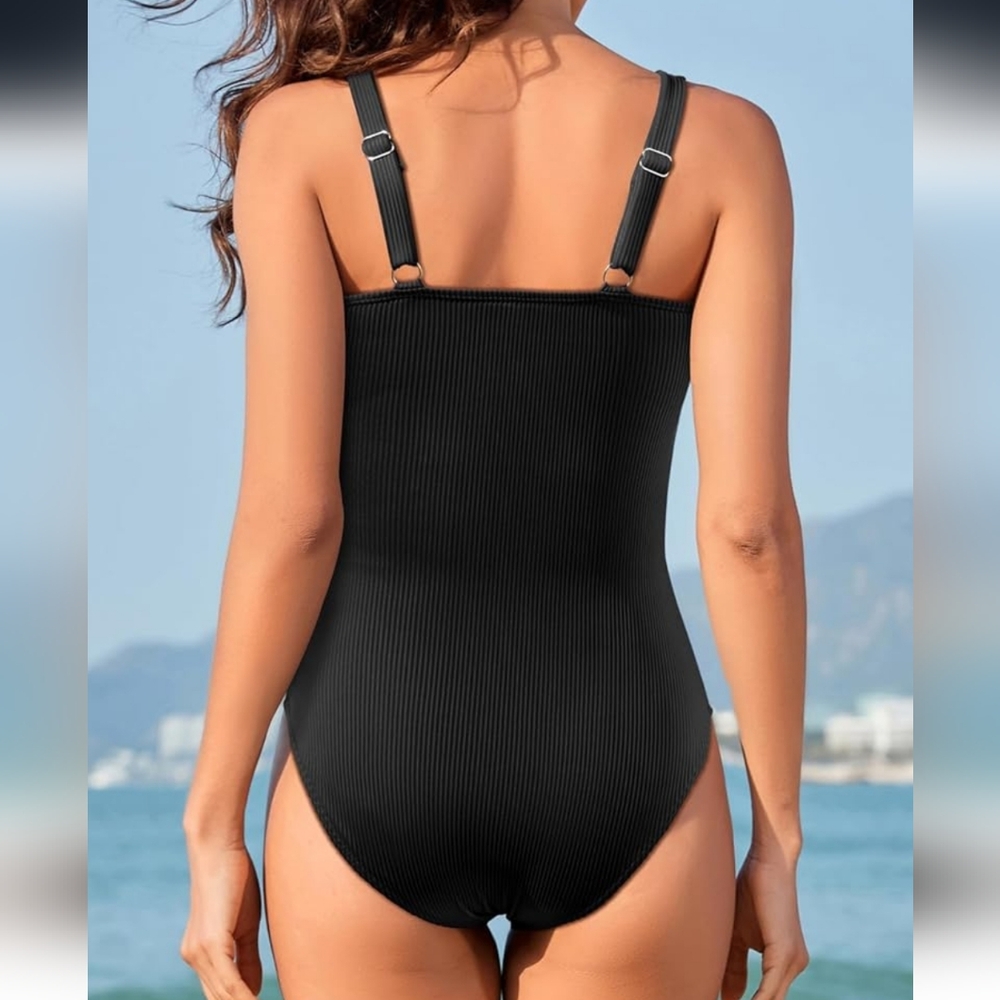 Black Ribbed Button-Up Swimsuit - Picture 2 of 6